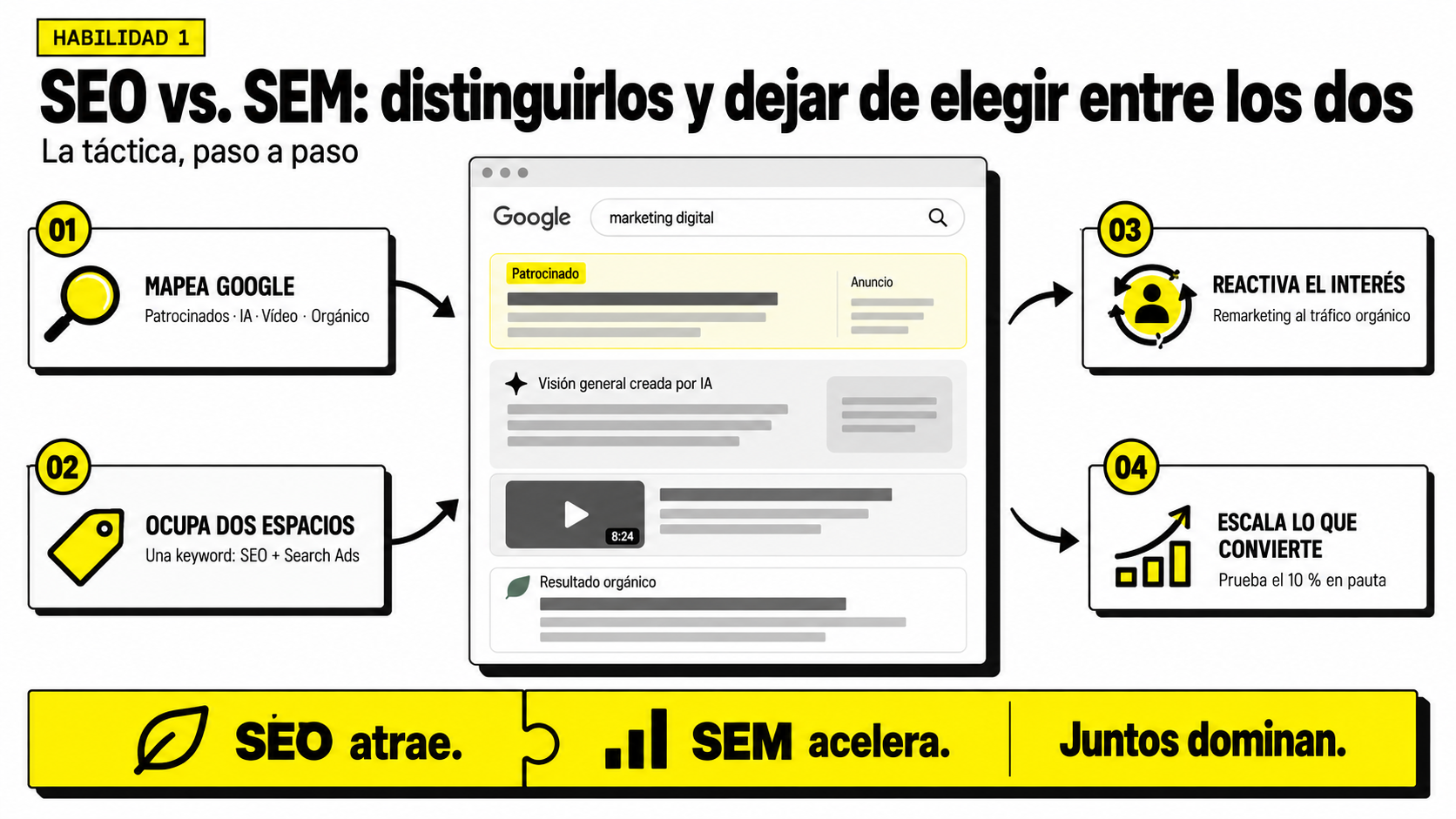 Infografía sobre SEO vs. SEM que explica paso a paso cómo combinar el tráfico orgánico y los anuncios pagados en Google para dominar las búsquedas.