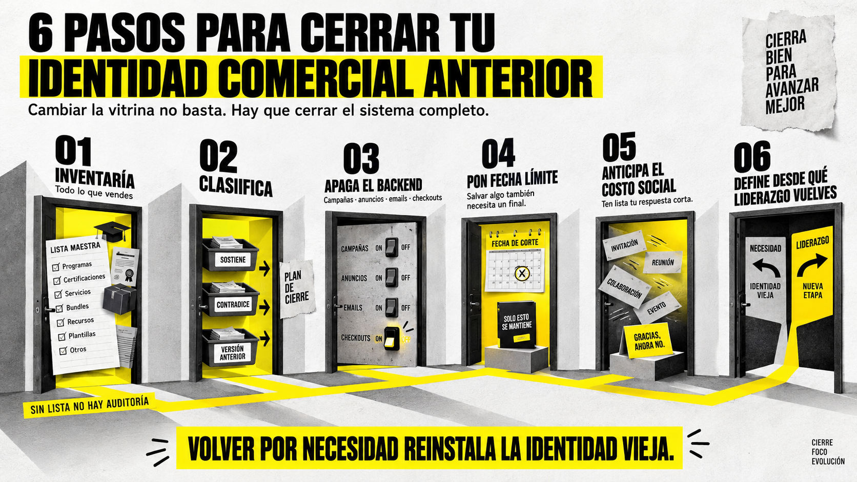 Infografía sobre cómo superar el síndrome del éxito vacío mediante 6 pasos para cerrar una identidad de negocio y renovar la estrategia.
