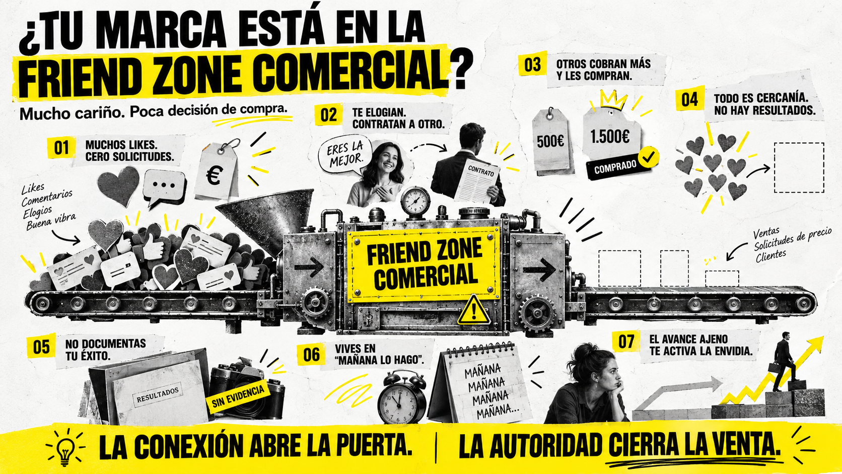 Infografía que explica por qué no me compran en mi marca personal y muestra las 7 señales de la friend zone comercial frente a la autoridad para vender."
