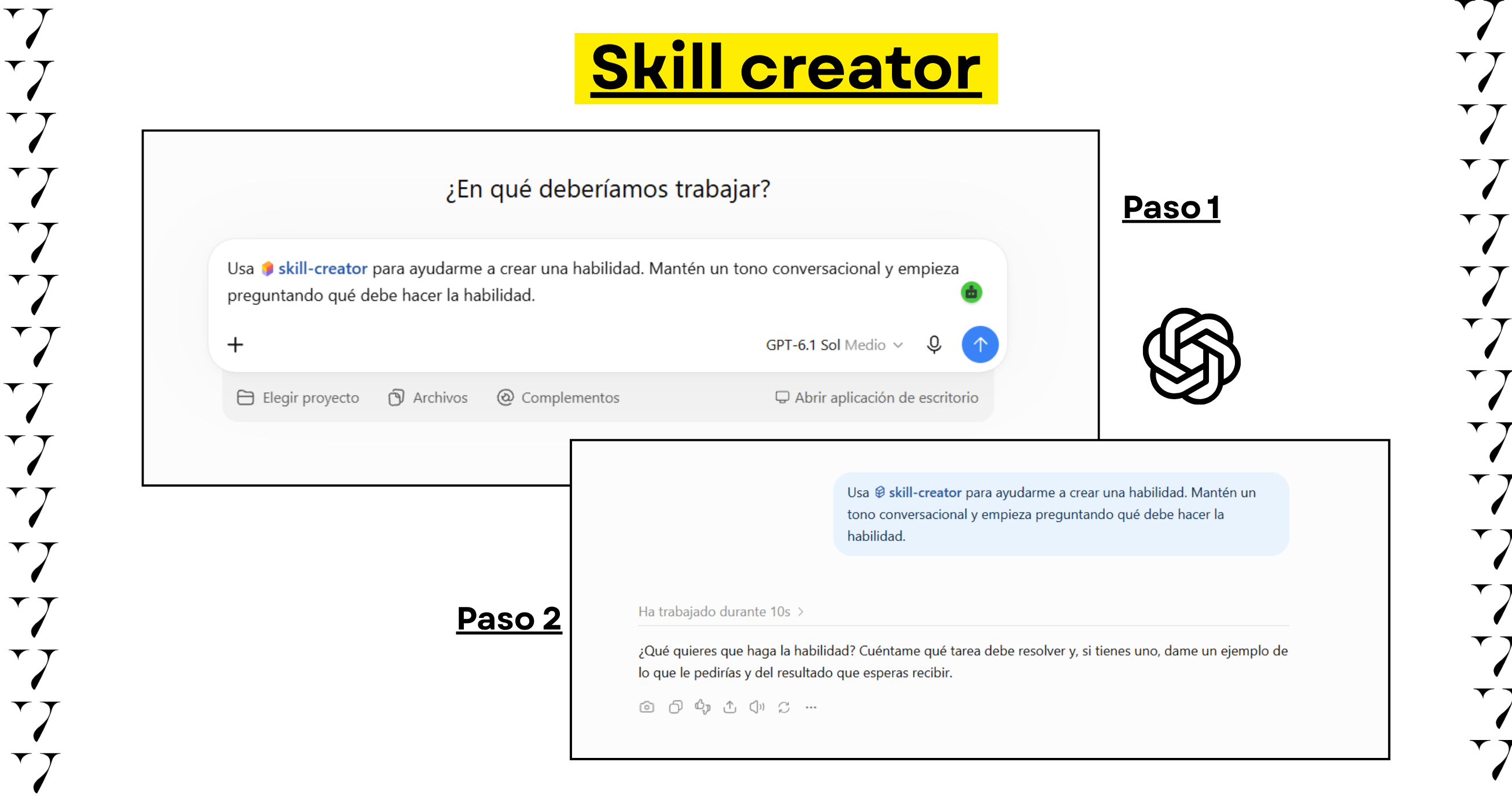 Captura del proceso en dos pasos para crear una skill de IA mediante Skill Creator en ChatGPT al migrar GPT personalizados.