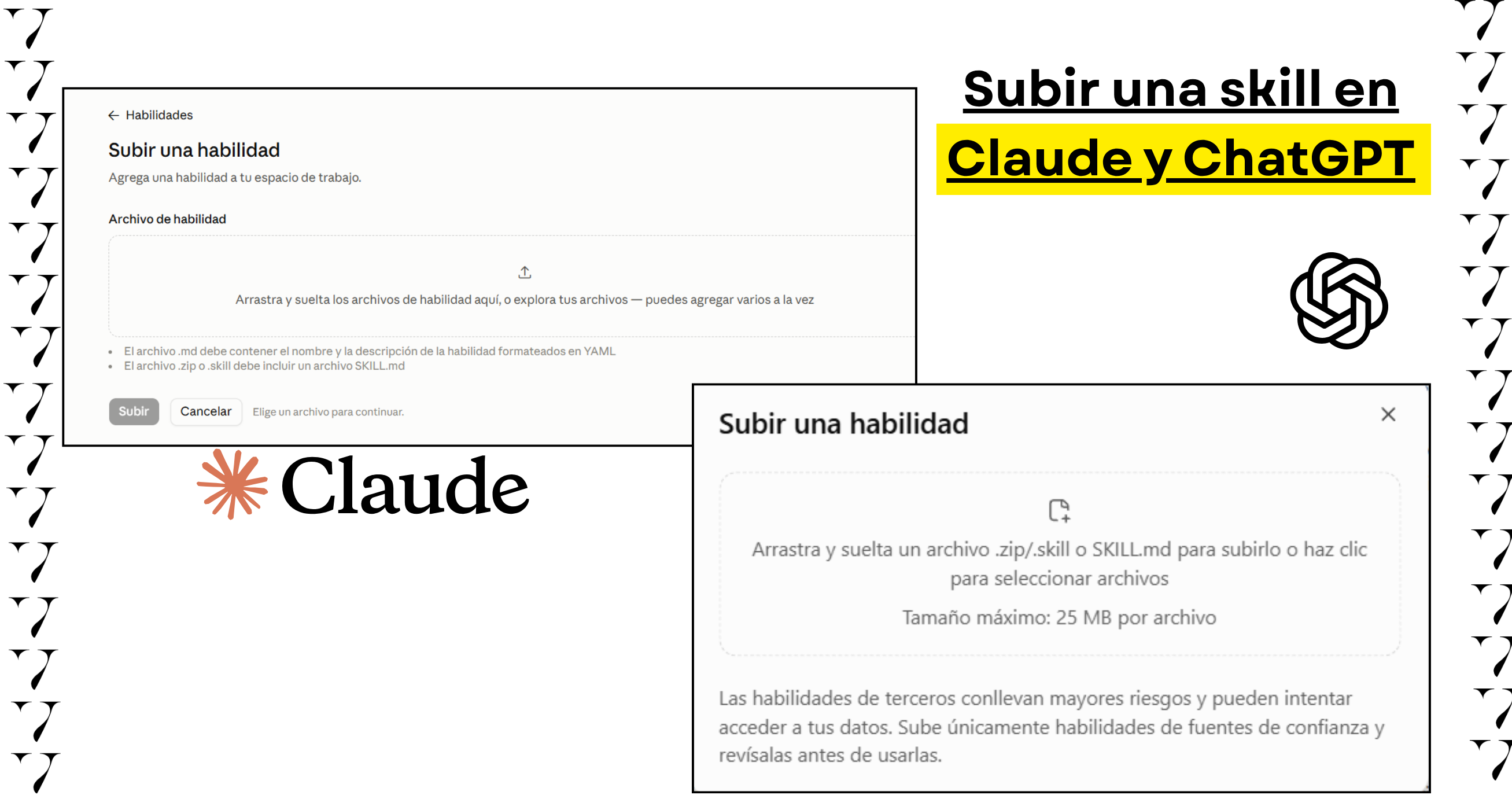 Interfaz comparativa para subir archivos de habilidad SKILL.md o comprimidos ZIP en Claude y ChatGPT