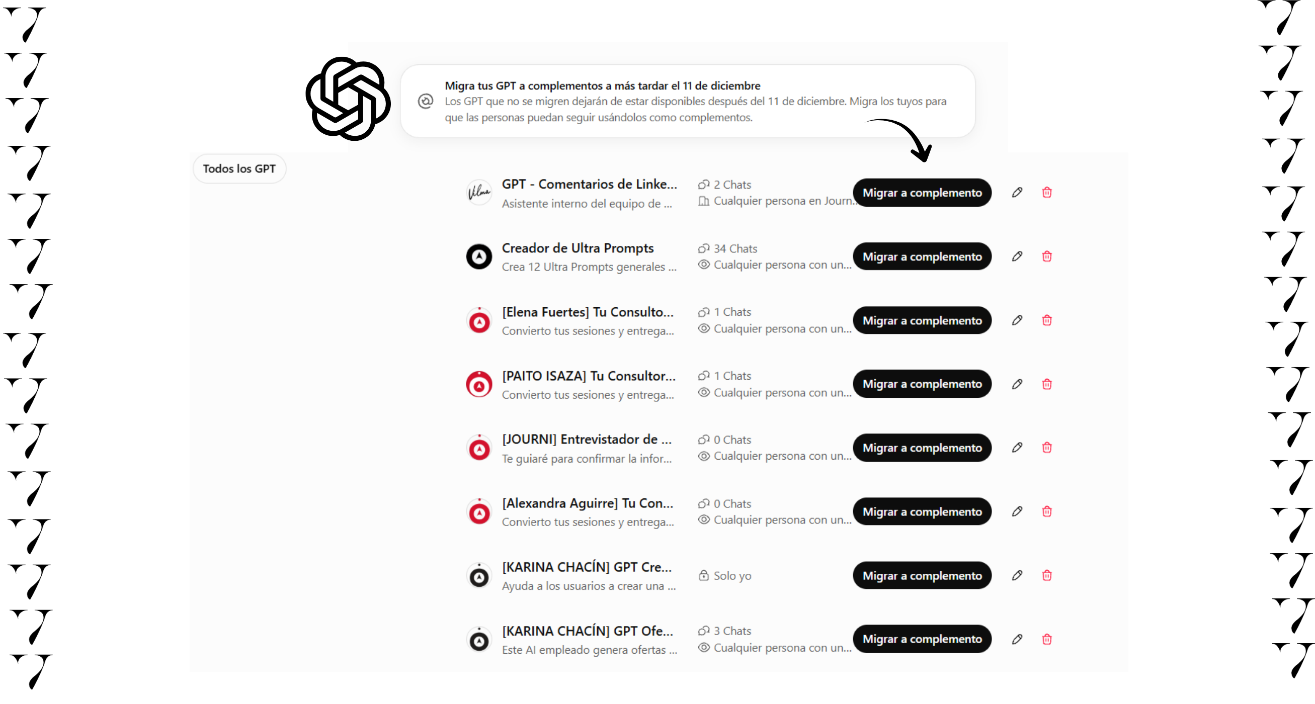 Panel de administración de ChatGPT que muestra la lista de asistentes y el botón 'Migrar a complemento' para migrar GPT personalizados antes del 11 de diciembre.