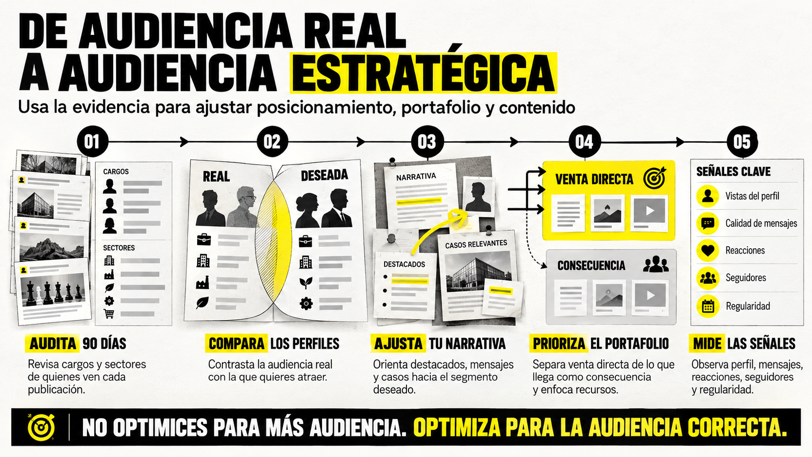 Infografía titulada "De audiencia real a audiencia estratégica" que explica 5 pasos para optimizar el alcance: auditar analíticas a 90 días, comparar audiencias, ajustar la narrativa, priorizar el portafolio y medir señales clave como cargos y vistas al perfil.