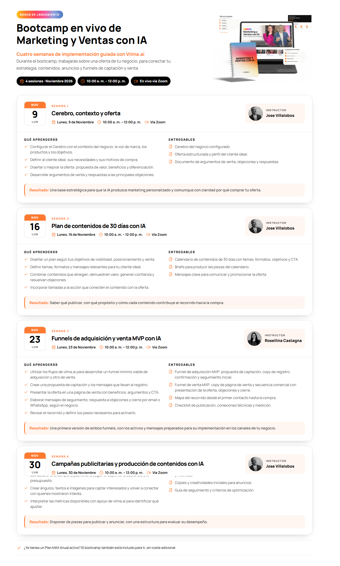 Infografía con el temario de 4 semanas del Bootcamp en vivo de Marketing y Ventas con IA: Cerebro y oferta, Plan de contenidos de 30 días, Funnels MVP y Campañas publicitarias con Vilma.AI.