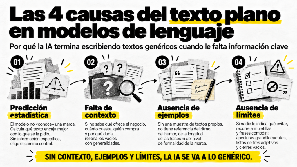 Infografía sobre las 4 causas del texto plano en modelos de lenguaje que afectan la voz de marca con IA: predicción estadística, falta de contexto, ausencia de ejemplos y ausencia de límites.