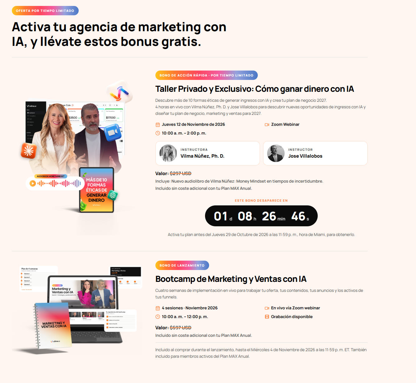 Promoción para activar una agencia de marketing con IA que incluye gratis el taller exclusivo Cómo ganar dinero con IA y el Bootcamp de Marketing y Ventas con IA.