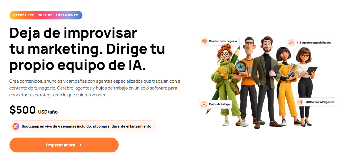 Oferta de lanzamiento para crear una agencia de marketing con IA dirigiendo un equipo propio de agentes especializados por 500 USD al año.