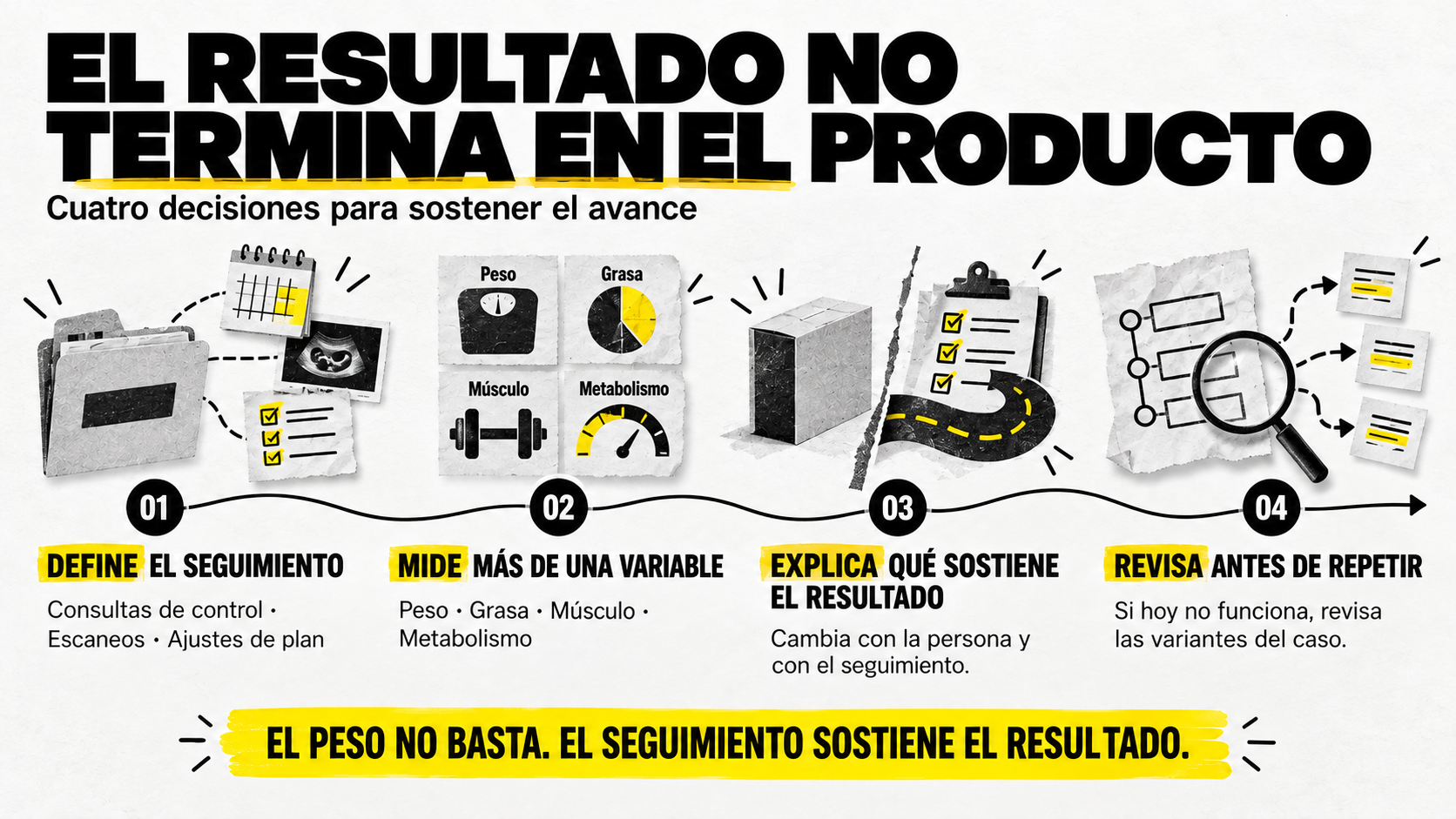 Infografía con 4 decisiones para sostener el resultado: 1. Define el seguimiento con controles y escaneos, 2. Mide más de una variable (peso, grasa, músculo, metabolismo), 3. Explica qué sostiene el avance y 4. Revisa variantes antes de repetir.