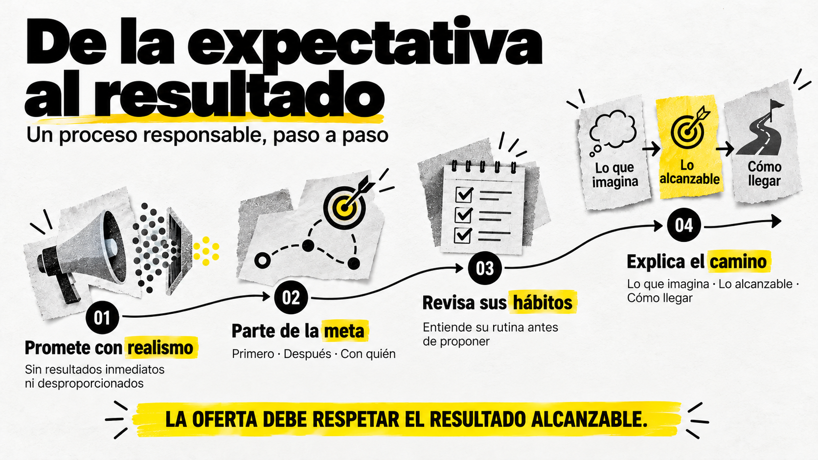 Infografía del proceso de la expectativa al resultado en 4 pasos: 1. Promete con realismo (sin resultados inmediatos ni desproporcionados), 2. Parte de la meta, 3. Revisa sus hábitos antes de proponer y 4. Explica el camino diferenciando lo que imagina de lo alcanzable