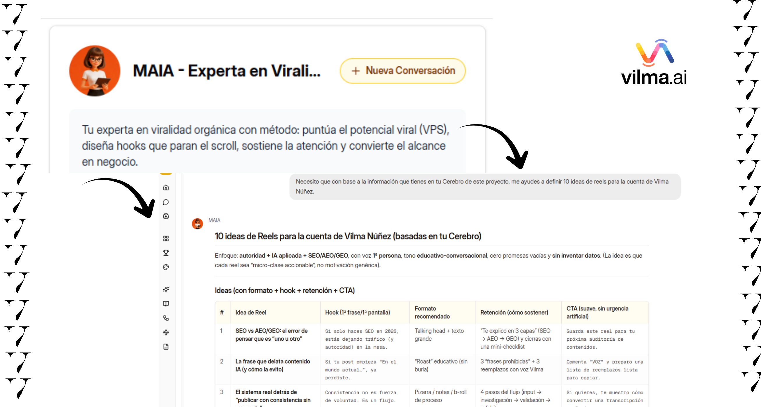 Captura de pantalla de la plataforma Vilma.AI mostrando una consulta a la agente MAIA para generar 10 ideas de Reels con ganchos y llamadas a la acción basadas en el Cerebro del proyecto.