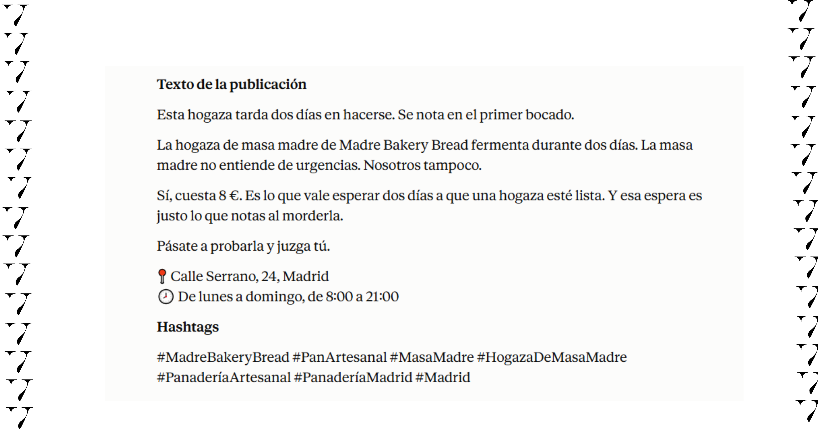Captura de pantalla de un borrador de publicación promocional para una panadería artesanal que incluye descripción, precio, dirección y hashtags