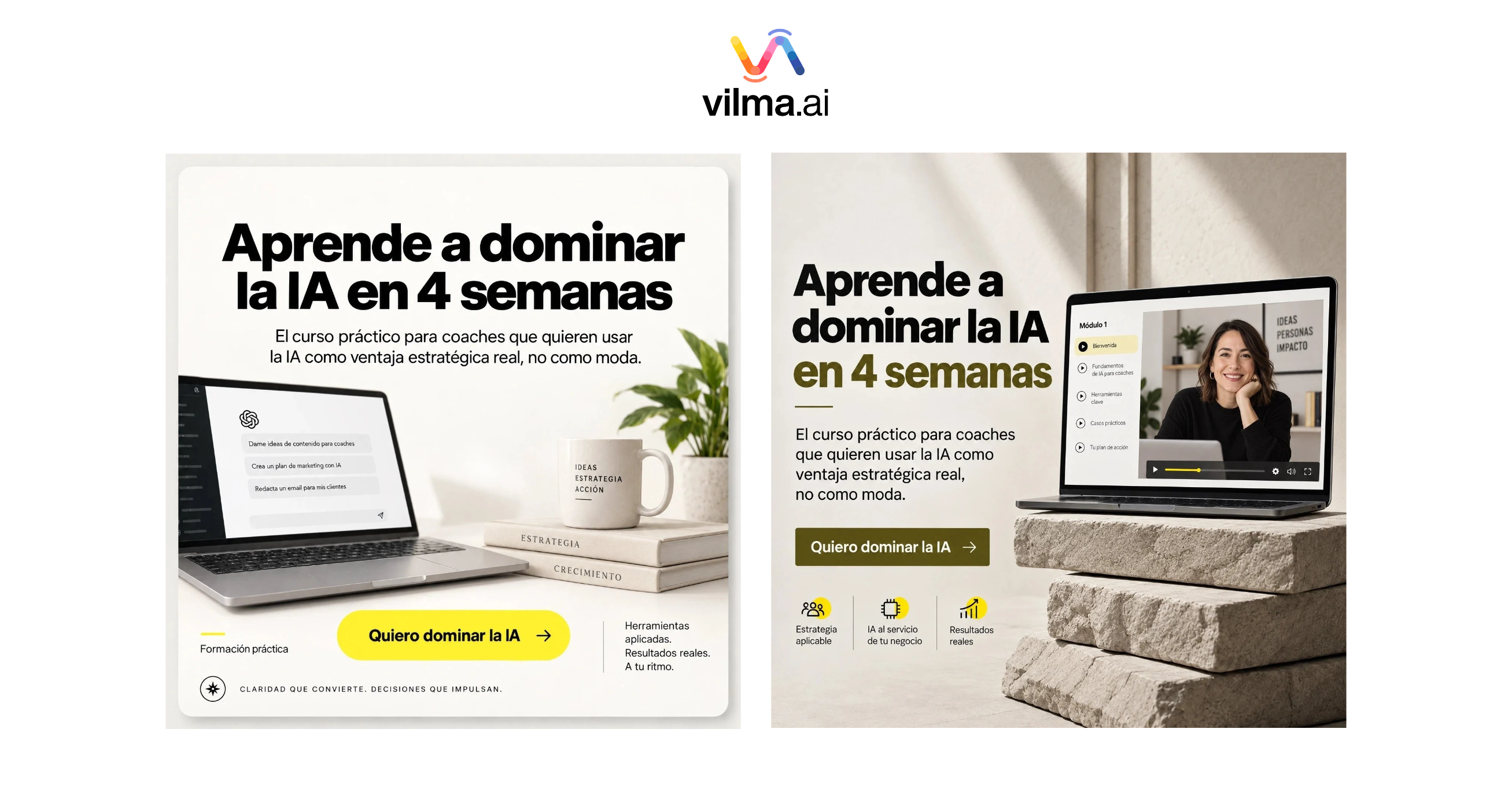 Piezas creativas de anuncios generadas con la tarea de marketing con IA en el estudio creativo de Vilma.AI.
