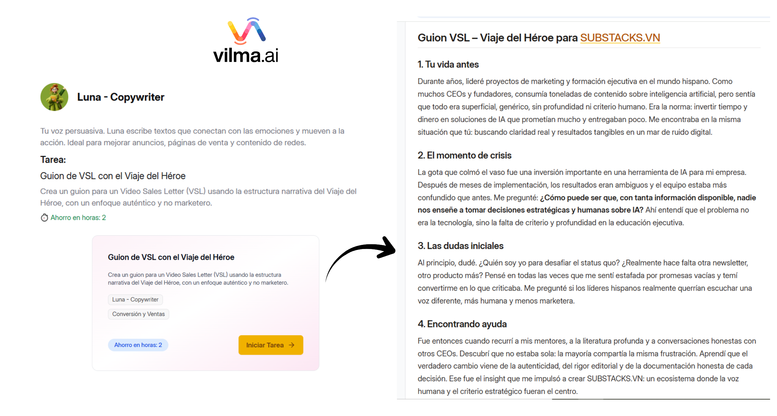 Proceso de ejecución y guion de VSL generado por una tarea de marketing con IA usando la narrativa del viaje del héroe.