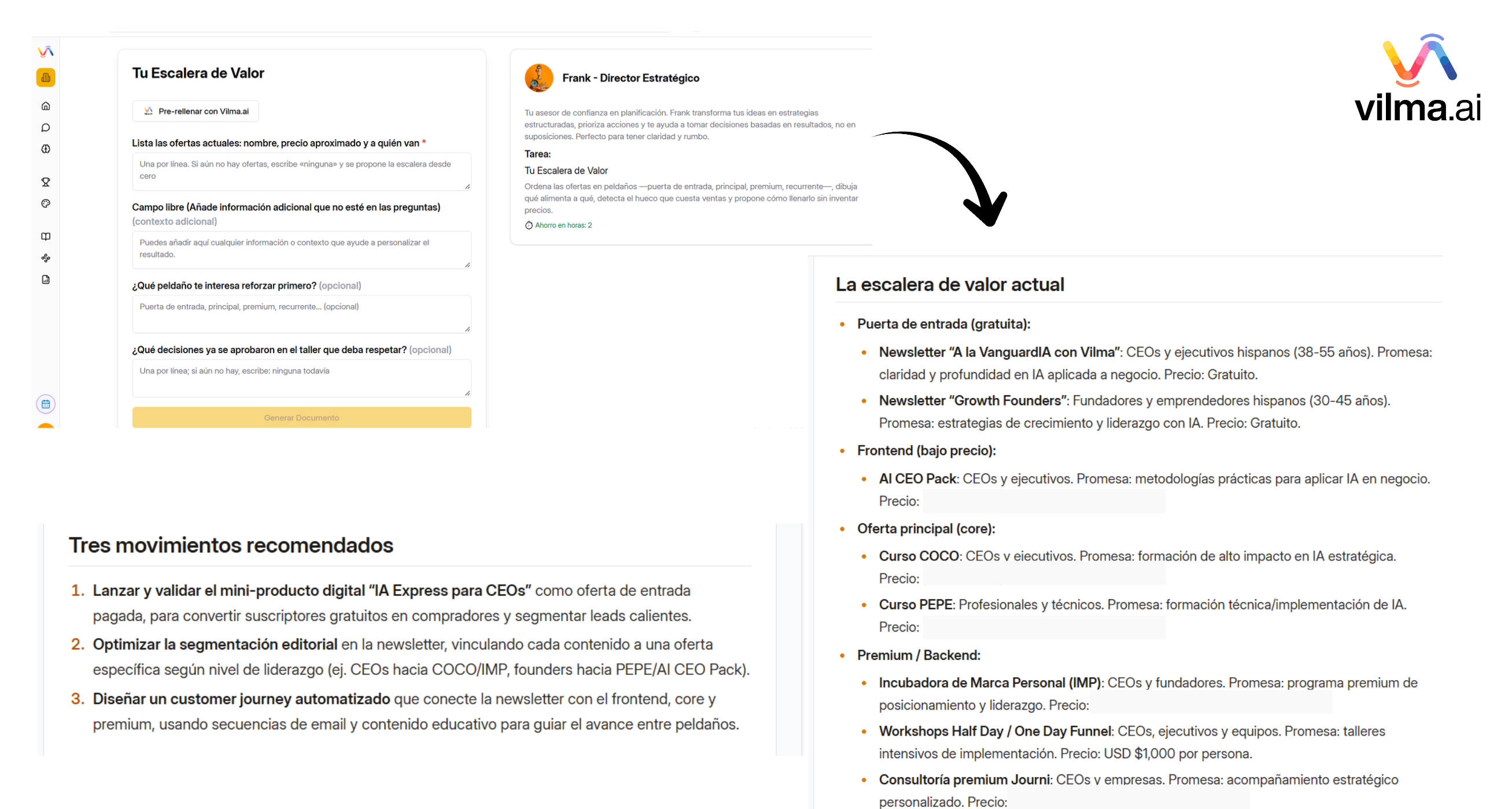 Proceso y resultado de una tarea de marketing con IA para estructurar la oferta y la escalera de valor en Vilma.AI.