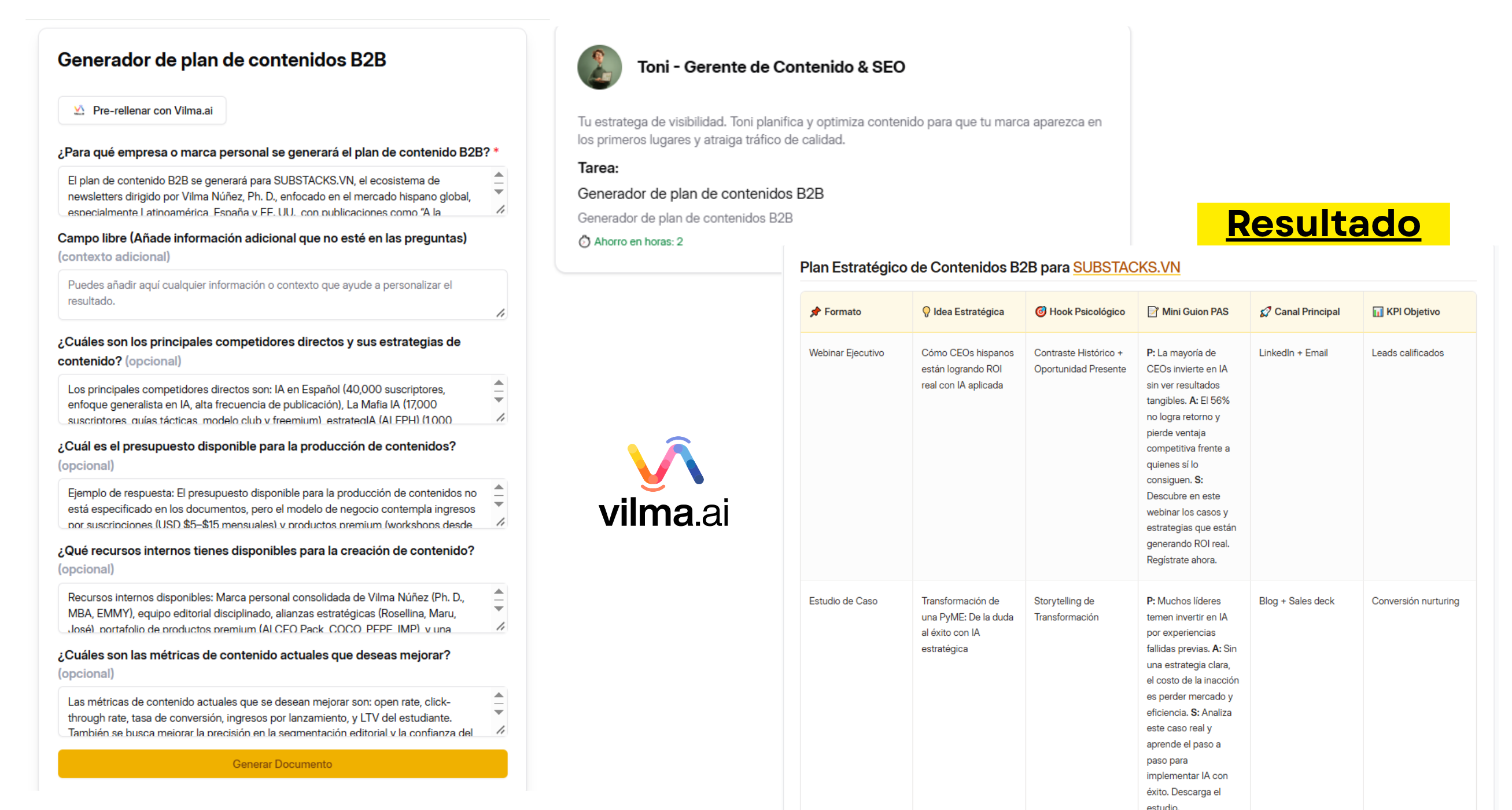 Proceso de entrada y resultado de la tarea de marketing con IA para generar un plan de contenidos B2B en Vilma.AI.