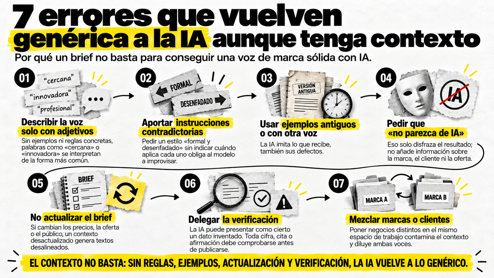 Infografía que detalla los 7 errores que arruinan la voz de marca con IA: usar solo adjetivos, dar instrucciones contradictorias, usar ejemplos antiguos, pedir que no parezca de IA, no actualizar el brief, delegar la verificación y mezclar marcas
