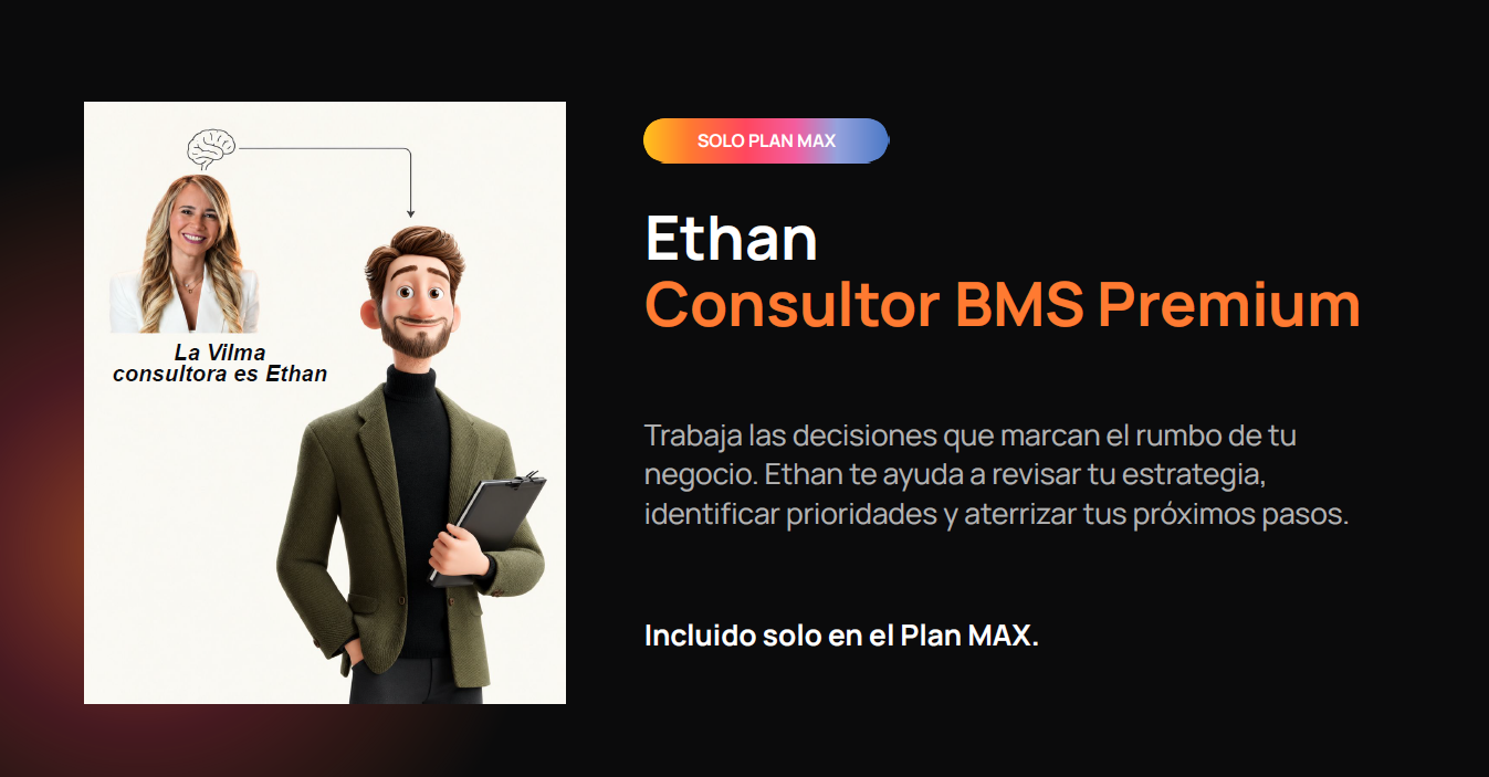 Presentación del agente Ethan, Consultor BMS Premium en Vilma.AI, especializado en estrategia de negocio, prioridades y toma de decisiones. 7 señales de que necesitas un equipo de IA en tu marketing