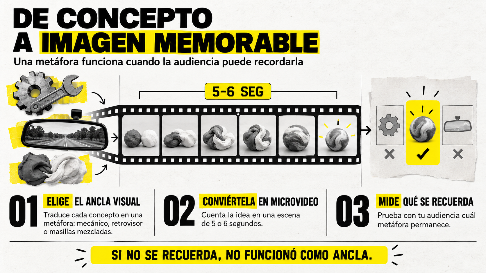 Infografía que explica en 3 pasos cómo transformar conceptos complejos en imágenes memorables en lugar de usar la IA como terapeuta: 1. Elige el ancla visual, 2. Conviértela en microvídeo de 5 a 6 segundos, 3. Mide qué se recuerda.