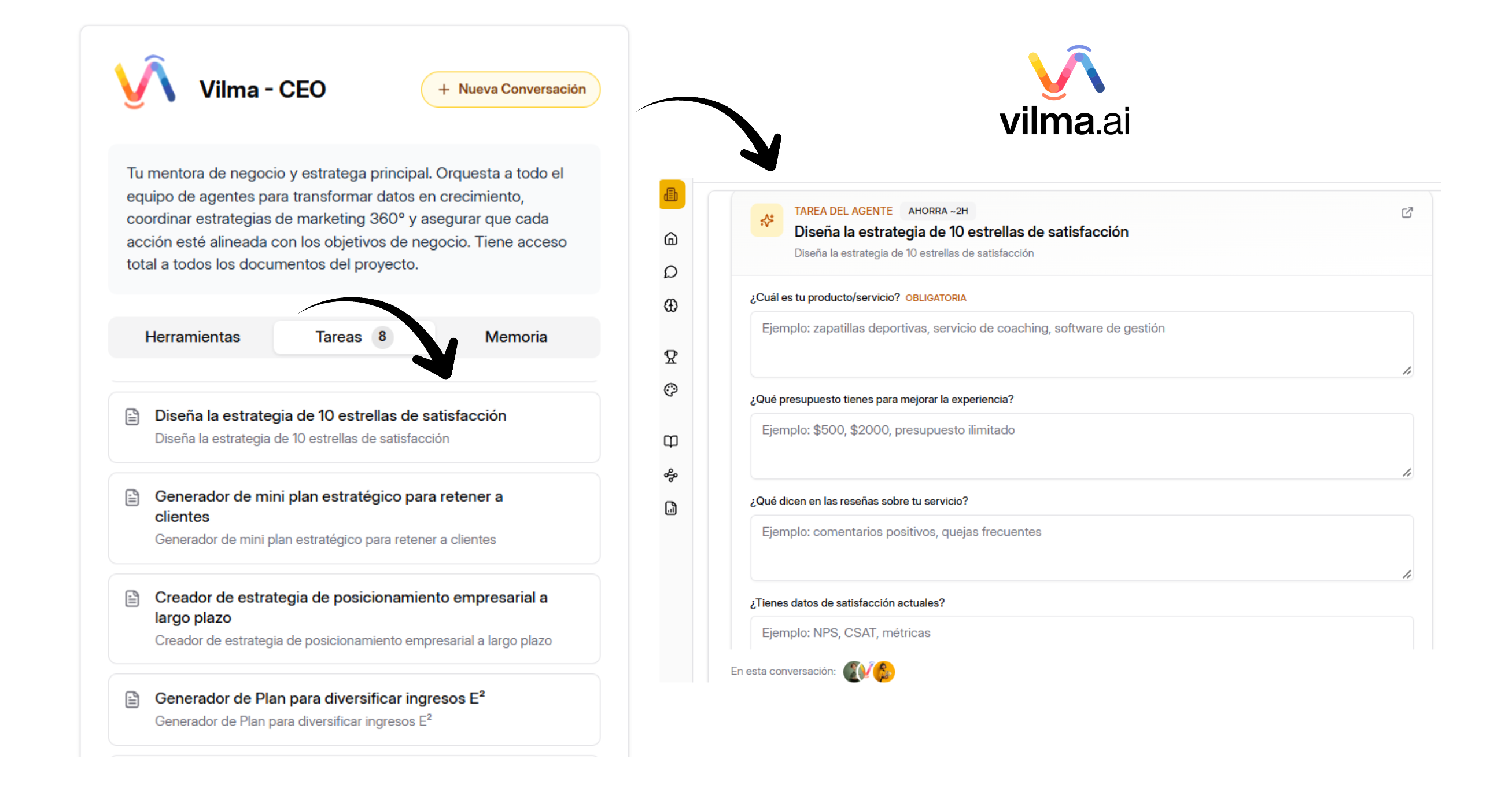 Flujo de selección e inicio de tareas de marketing con IA en la plataforma Vilma.AI mostrando el formulario de entrada.