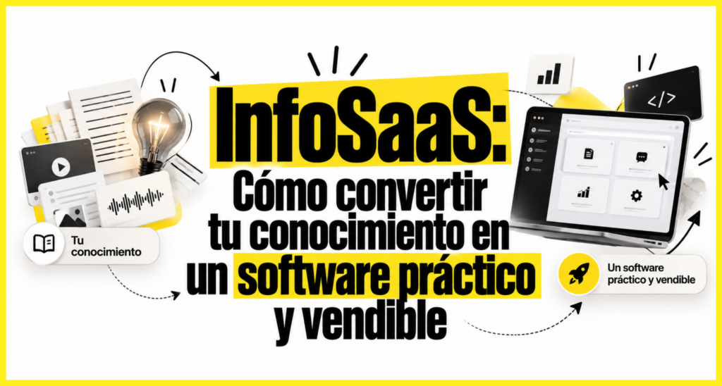 Portada del artículo sobre InfoSaaS: Cómo convertir tu conocimiento en un software práctico y vendible, mostrando la transformación de contenido experto a software