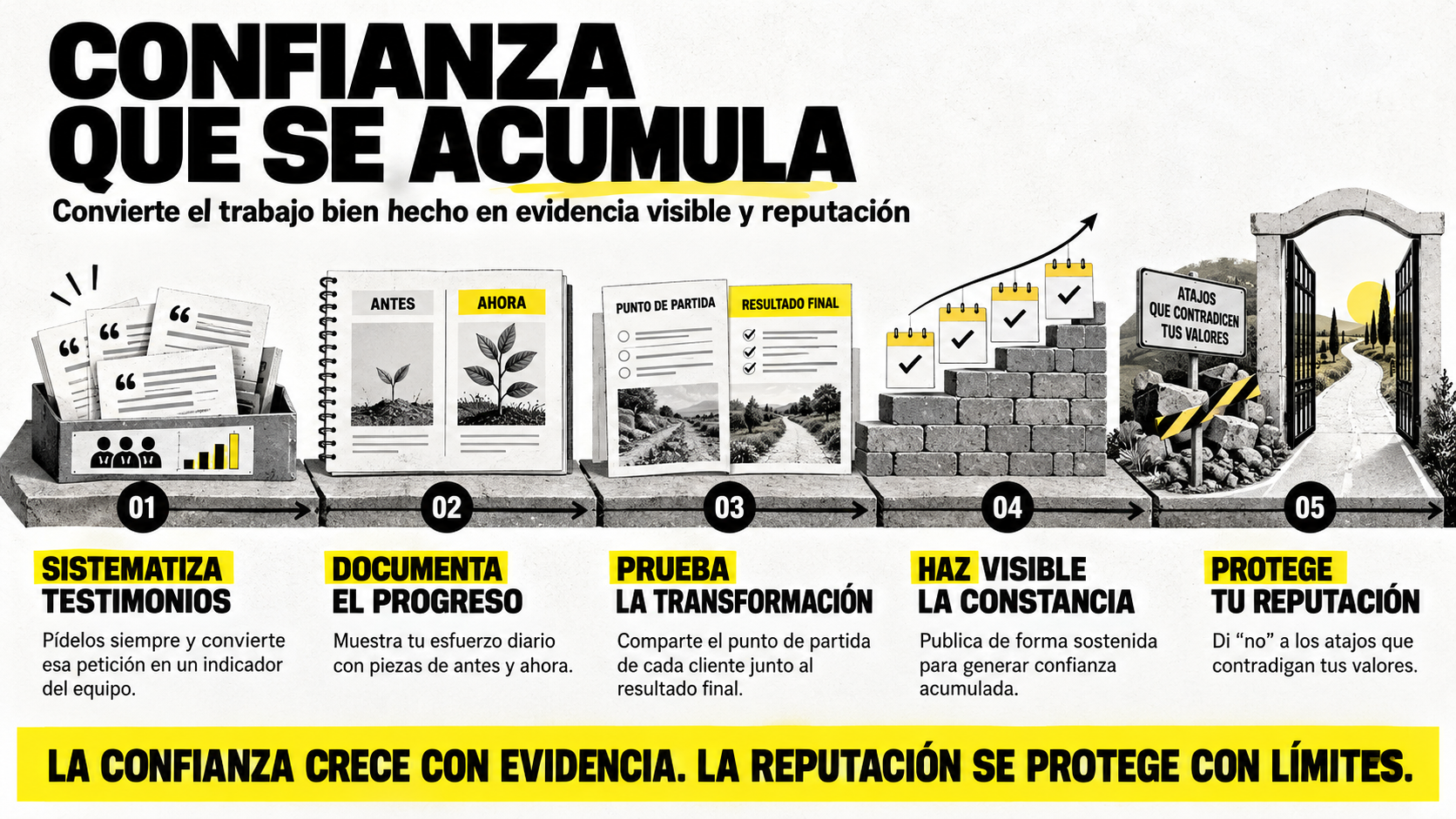 Infografía sobre prueba social titulada "Confianza que se acumula", que presenta 5 acciones: sistematizar testimonios, documentar el progreso, probar la transformación, hacer visible la constancia y proteger tu reputación.