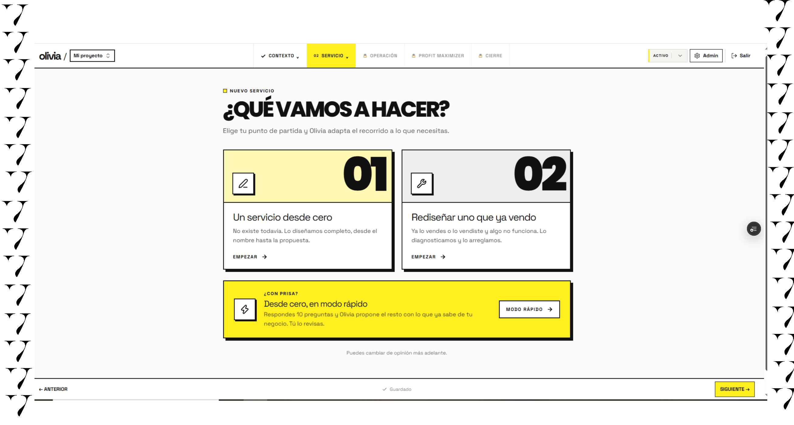 Interfaz de Olivia, un InfoSaaS diseñado para guiar paso a paso en la creación o rediseño de servicios de negocio