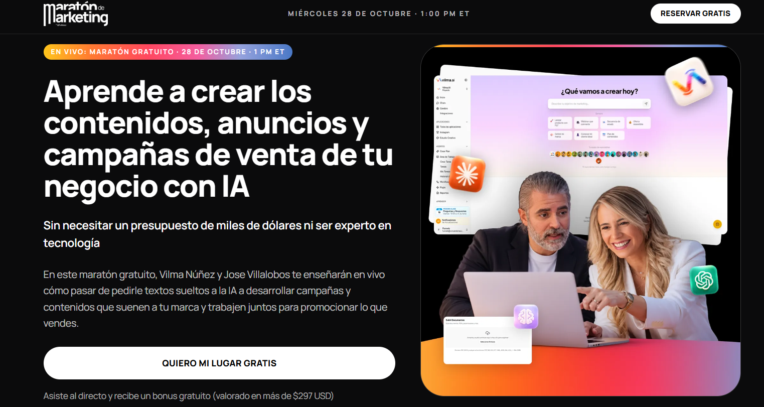Captura de pantalla de la página de reserva del Maratón de Marketing que muestra a Vilma Núñez y Jose Villalobos frente a un ordenador promocionando el entrenamiento en vivo.