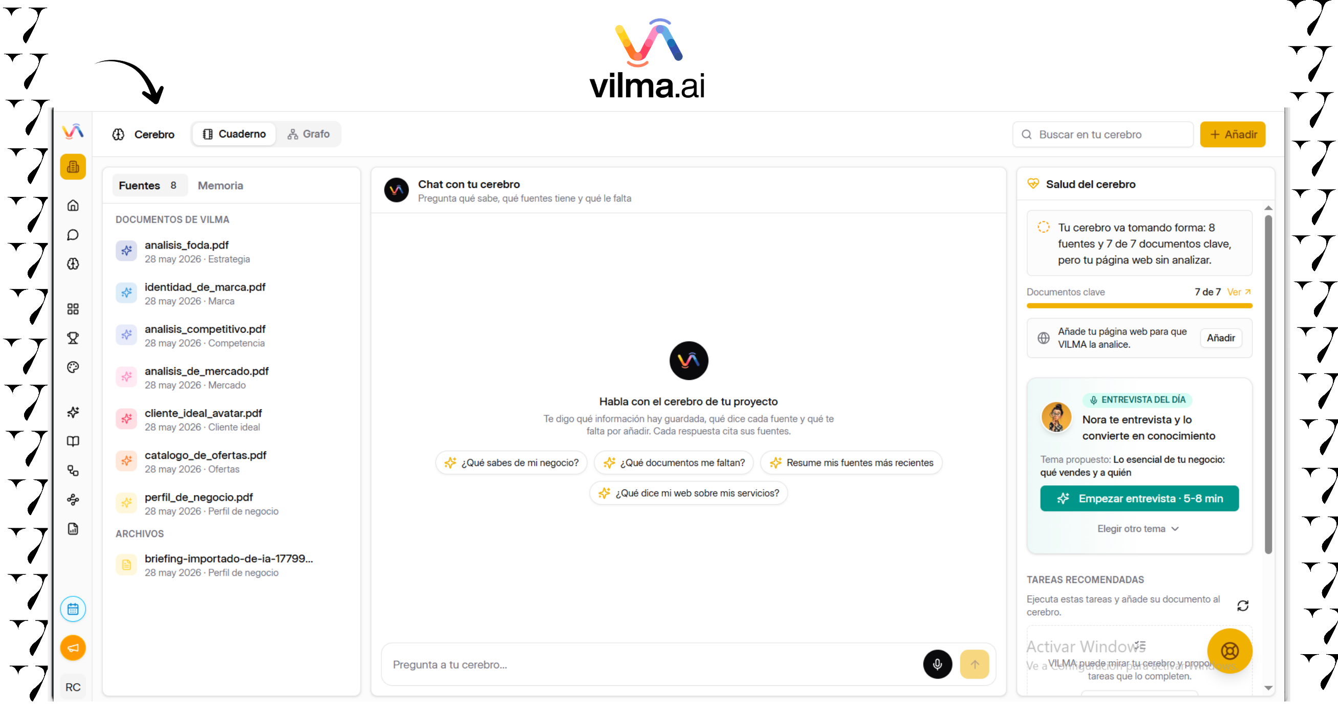 Captura de pantalla de la interfaz de Vilma.ai mostrando la sección Cerebro con documentos subidos sobre análisis FODA, identidad, análisis competitivo y perfil de negocio, para crear una buena voz de marca con IA