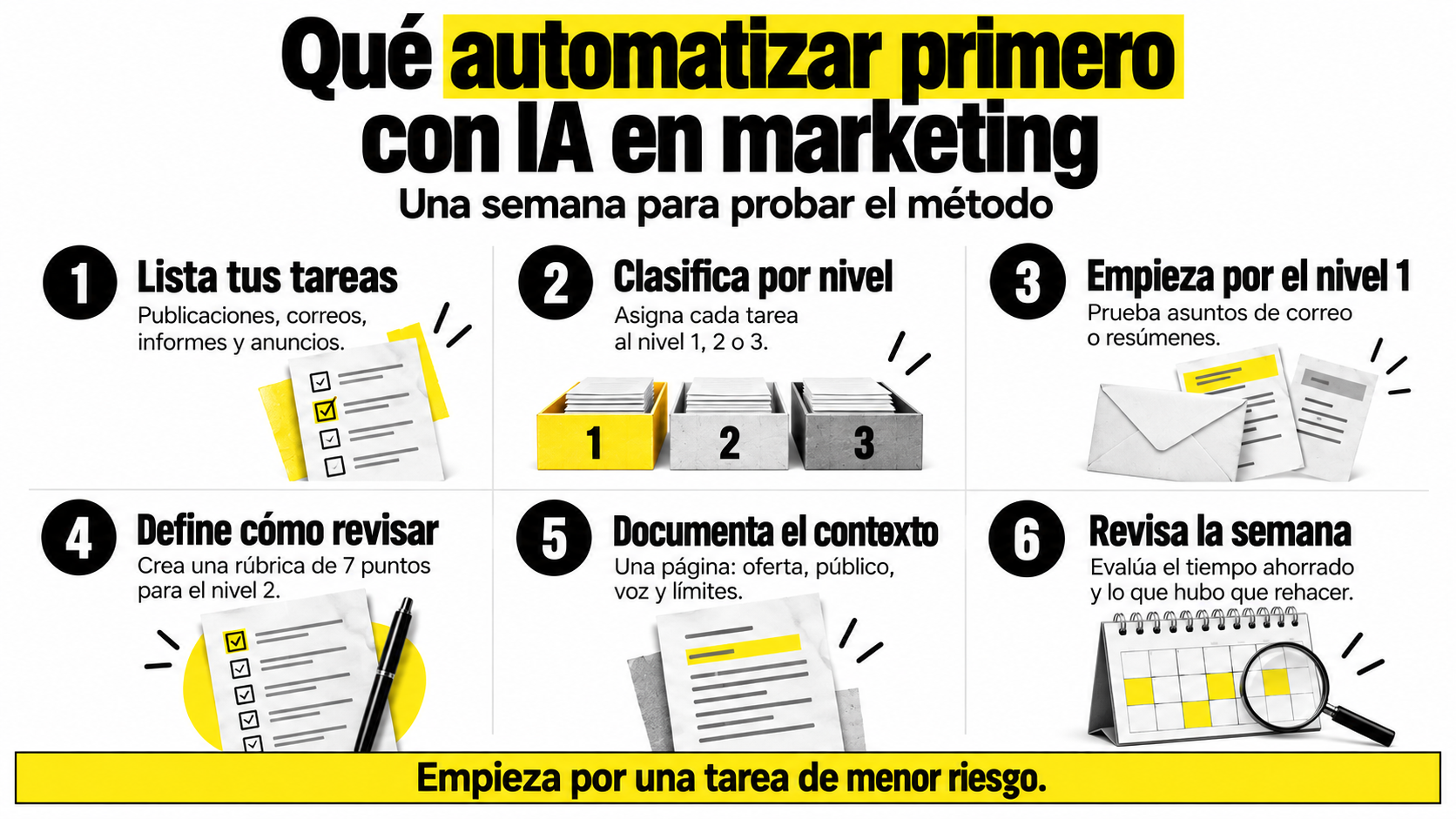 Infografía con 6 pasos para saber qué tareas de marketing automatizar con IA primero: 1. Lista tus tareas, 2. Clasifica por nivel, 3. Empieza por el nivel 1 de menor riesgo, 4. Define cómo revisar con una rúbrica, 5. Documenta el contexto del negocio, 6. Revisa el tiempo ahorrado al final de la semana.