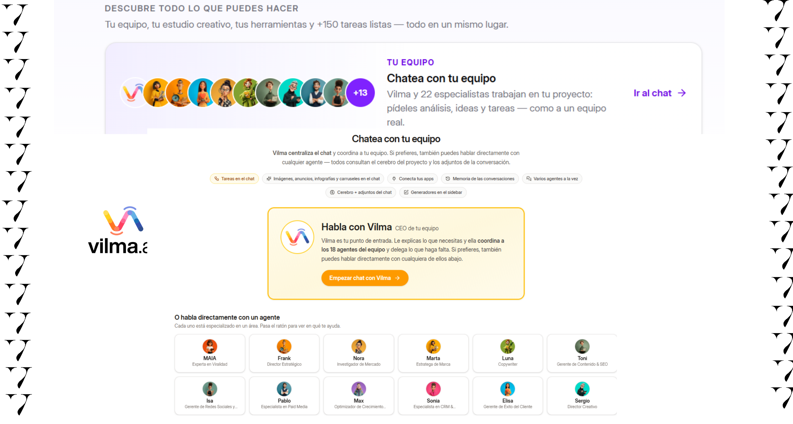 Captura de la interfaz de Vilma.AI que muestra cómo interactuar y coordinar a los agentes especialistas dentro de tu equipo de IA para marketing.