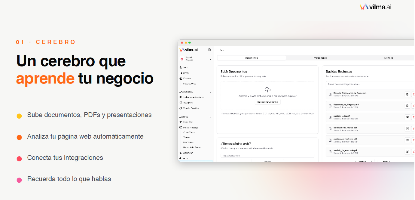 Interfaz del módulo Cerebro en la plataforma Vilma.AI mostrando la función para subir documentos, analizar páginas web y conectar integraciones.