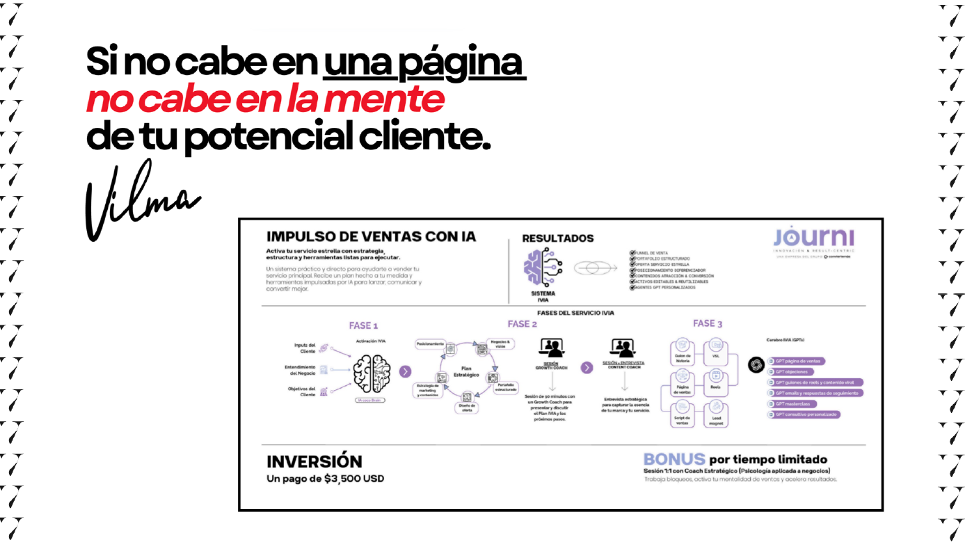 Ejemplo de propuesta de servicios de marketing de una sola página diseñada con metodología de Vilma Núñez para maximizar la conversión.