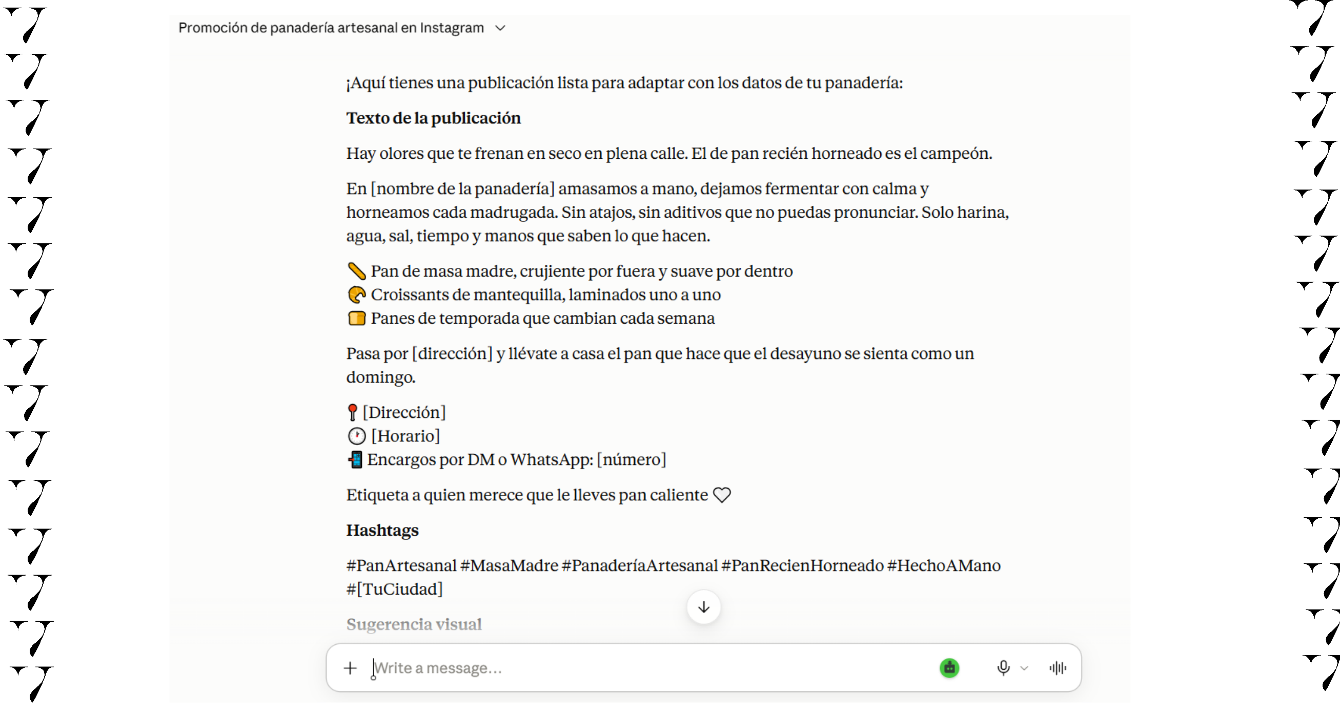 Captura de pantalla de la interfaz de un asistente virtual que muestra una propuesta de publicación genérica con campos entre corchetes para rellenar.