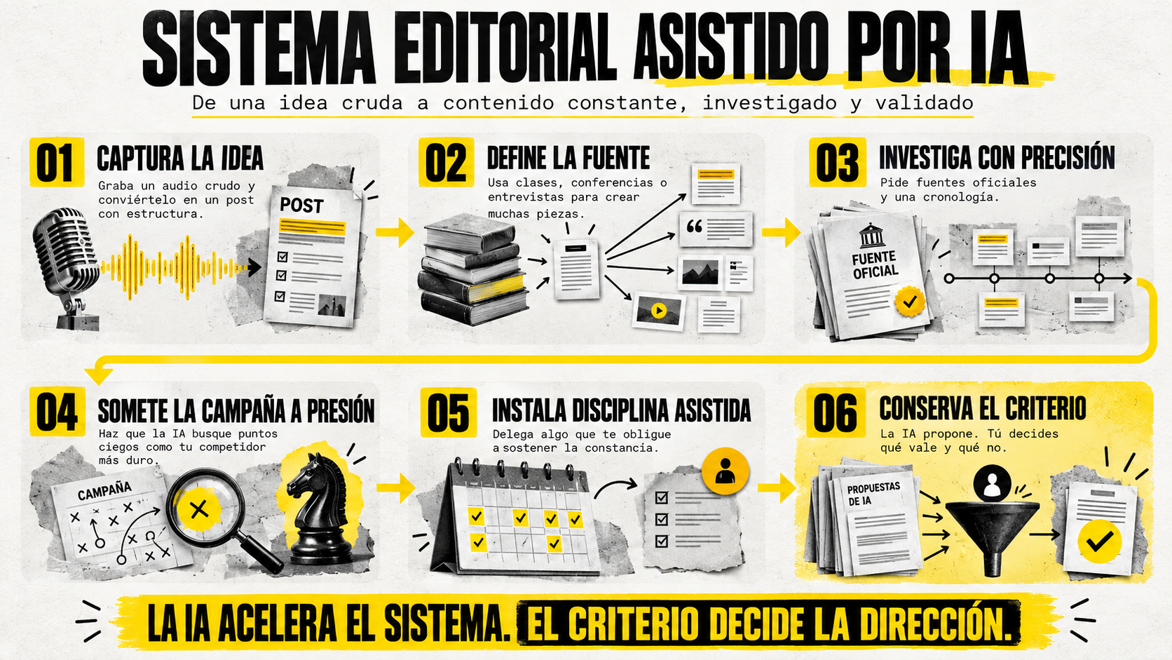 Diagrama del sistema editorial asistido por IA que detalla 6 pasos: capturar la idea, definir la fuente, investigar con precisión, someter la campaña a presión, instalar disciplina asistida y conservar el criterio humano.