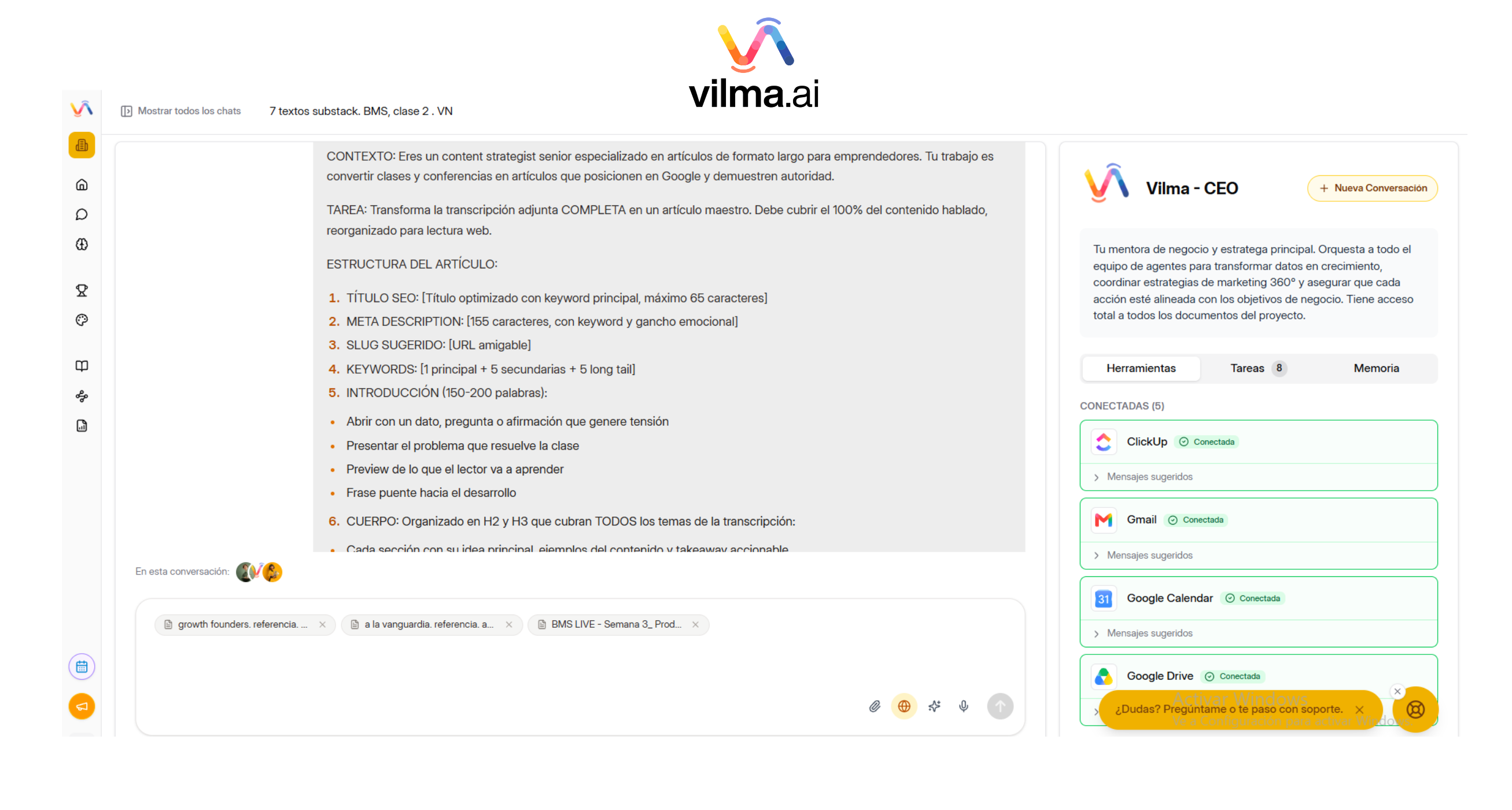 Interfaz de Vilma.AI ejecutando tareas de marketing con IA