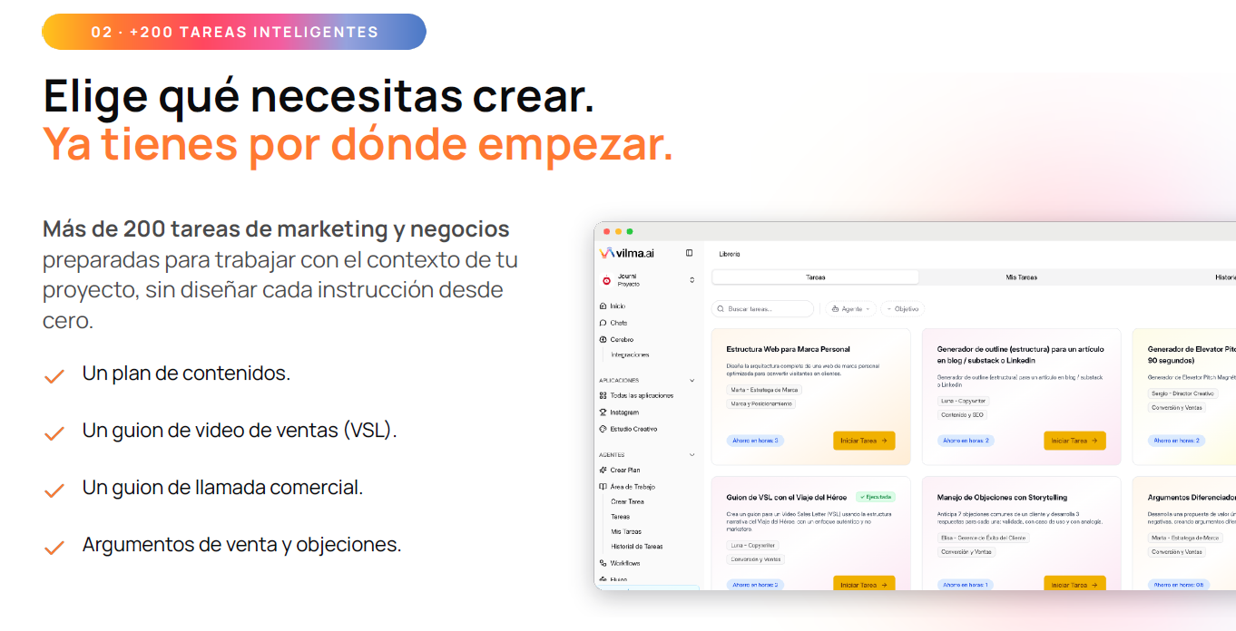 Interfaz de Vilma.AI mostrando la librería con más de 200 tareas inteligentes preparadas para crear planes de contenido, guiones VSL y argumentos de venta. 7 señales de que necesitas un equipo de IA en tu marketing