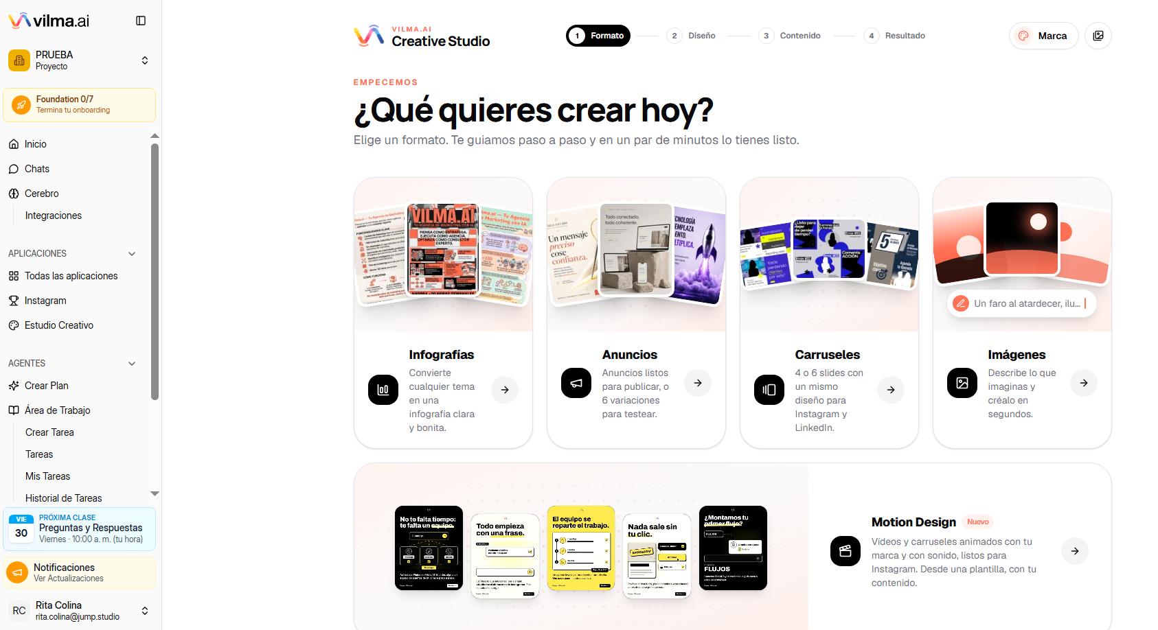 Panel de control de Creative Studio en Vilma.AI con opciones para generar infografías, anuncios, carruseles e imágenes. cómo crear una agencia de marketing con IA