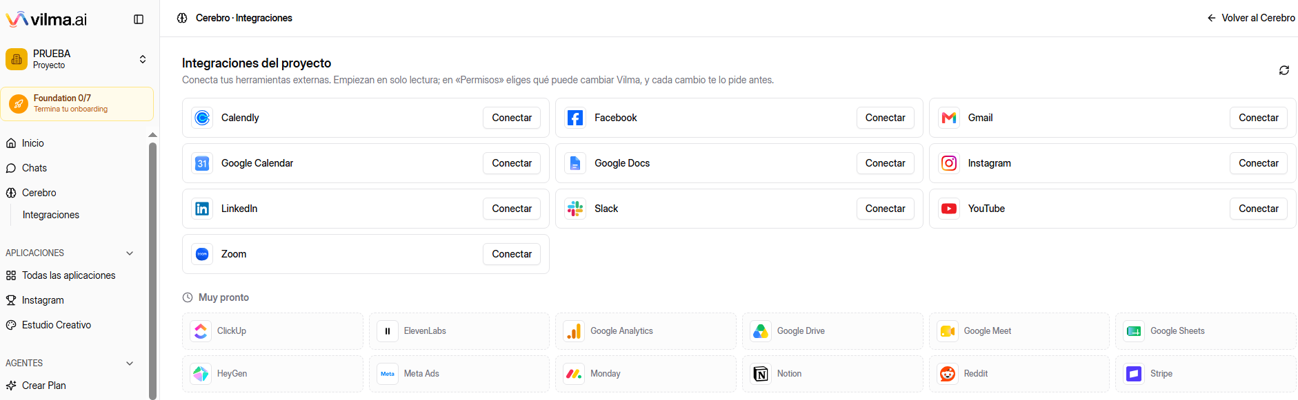 Panel de configuración de integraciones en Vilma.AI para conectar aplicaciones como Calendly, Gmail, Instagram, LinkedIn, Slack y Zoom. cómo crear una agencia de marketing con IA